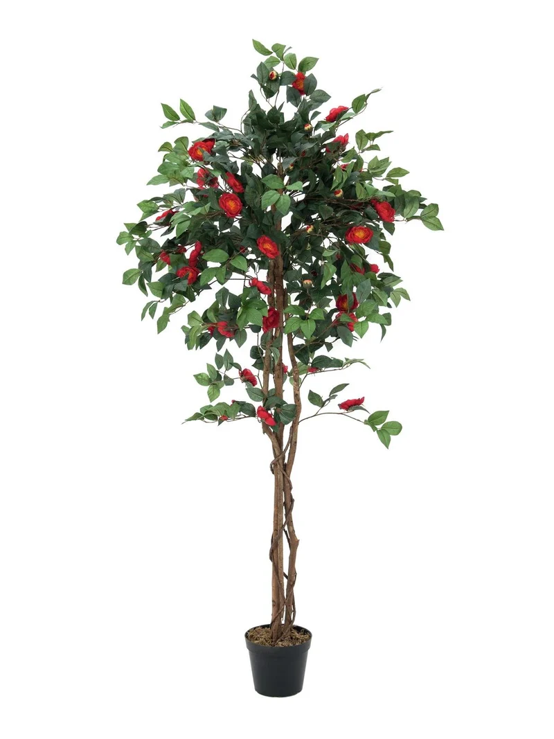 Künstlicher Kamelien-Baum mit Seidenblättern und Naturstämmen. 180 cm. Pflegefrei.