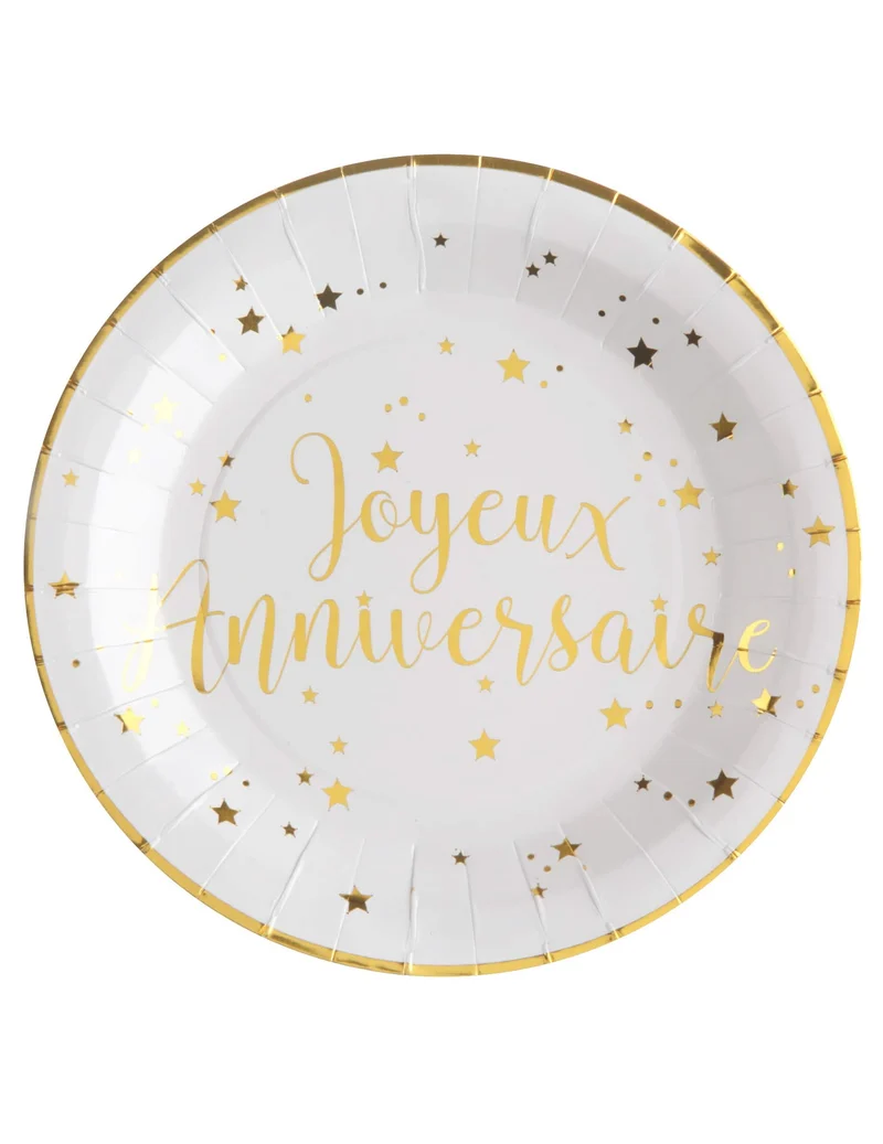 10 Pappteller "Alles Gute zum Geburtstag" Weiß und Gold 23 cm mit Sternen