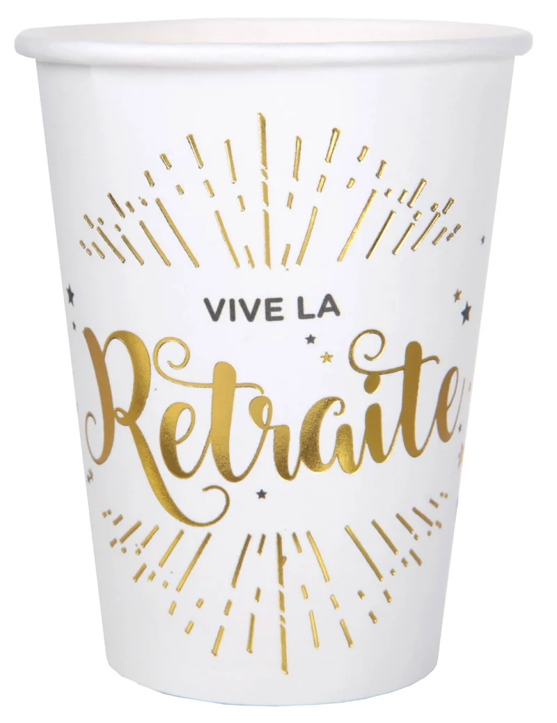 10 weiße und goldene „Vive la retraite“ Pappbecher 7,8 x 9,7 cm für Dekoration