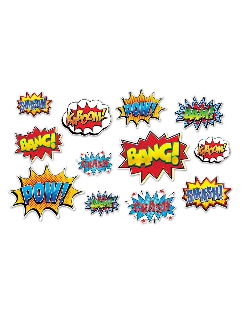 12 Superhelden Karton Wanddekorationen 15 bis 31 cm Comic-Sprechblasen