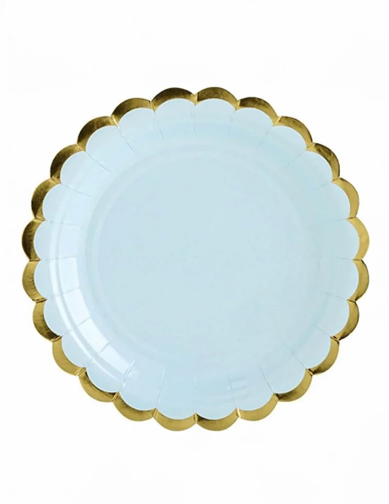 6 kleine Pappteller Hellblau und gezackte Goldverzierung 18 cm
