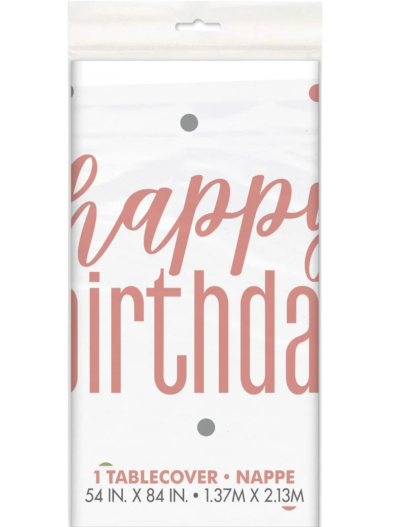 Plastik-Tischdecke Happy Birthday weiß und rosa 137 x 213 cm mit Punkten