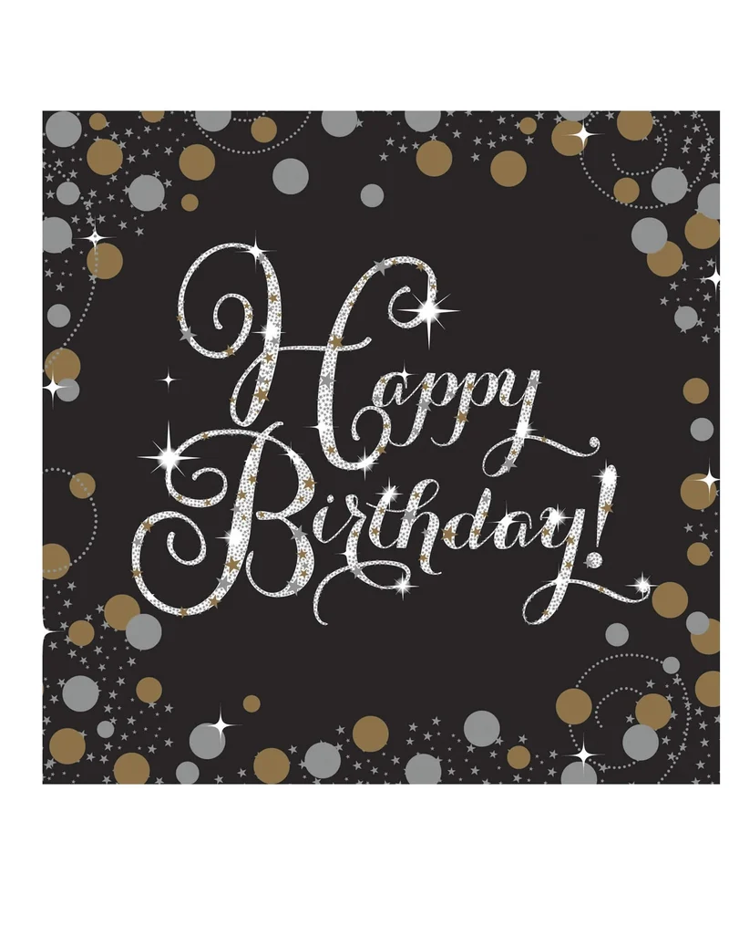 16 schimmernde Feier Papierservietten 33 x 33 cm Happy Birthday schwarz