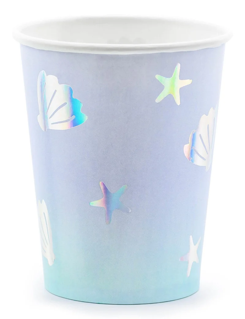 6 irisierende blaue Meeres-Einhorn Pappbecher 220 ml