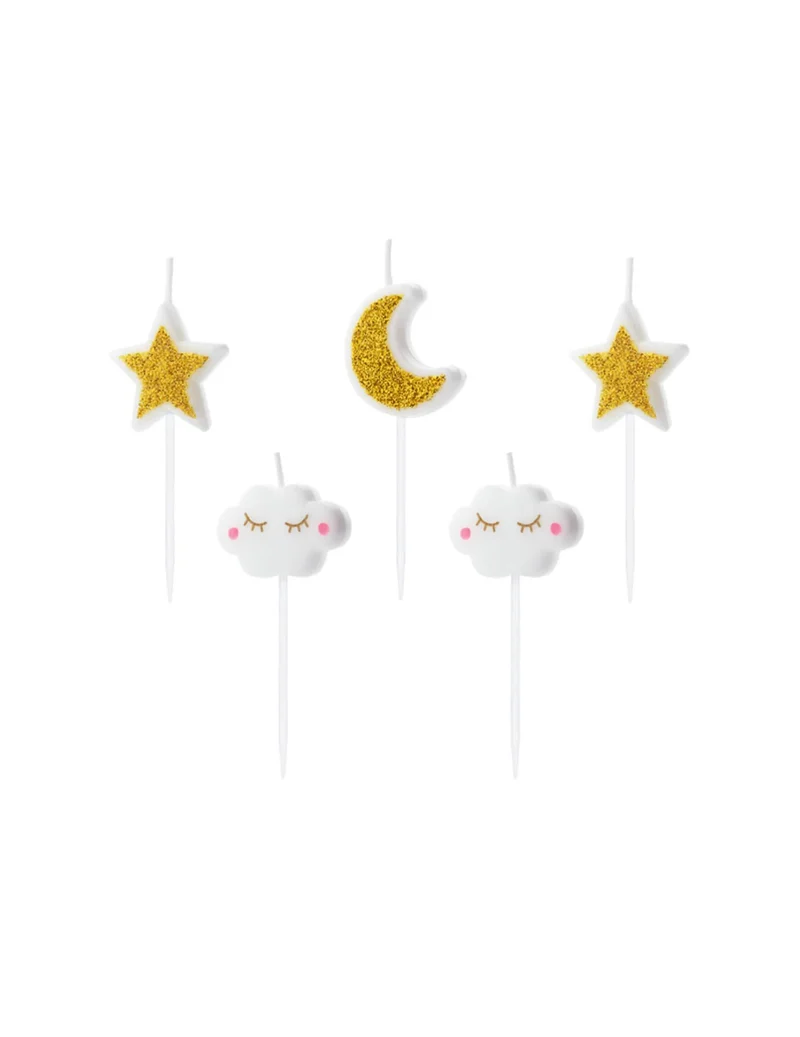 5 Geburtstagskerzen Konstellation weiß und gold Wolken und Sterne