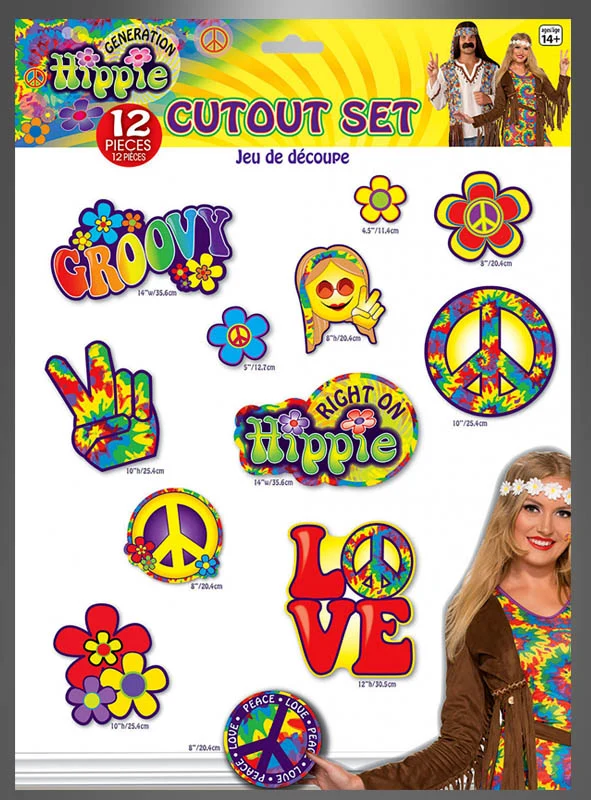 70er Hippie Symbole Wanddeko 12 Teile