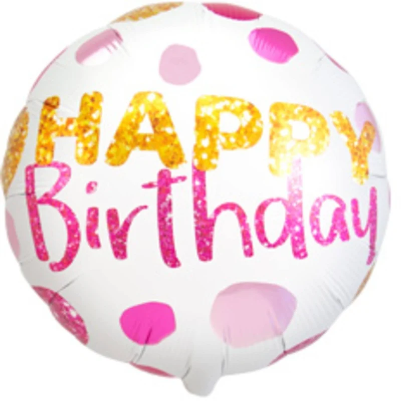 „Happy Birthday“-Folienballon, weiß-rosa mit Punkten, leer, 45 cm
