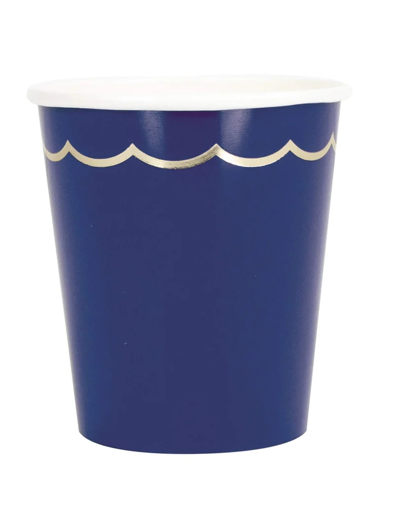 8 schicke, gewellte Marineblau- und Goldkartonbecher 200 ml