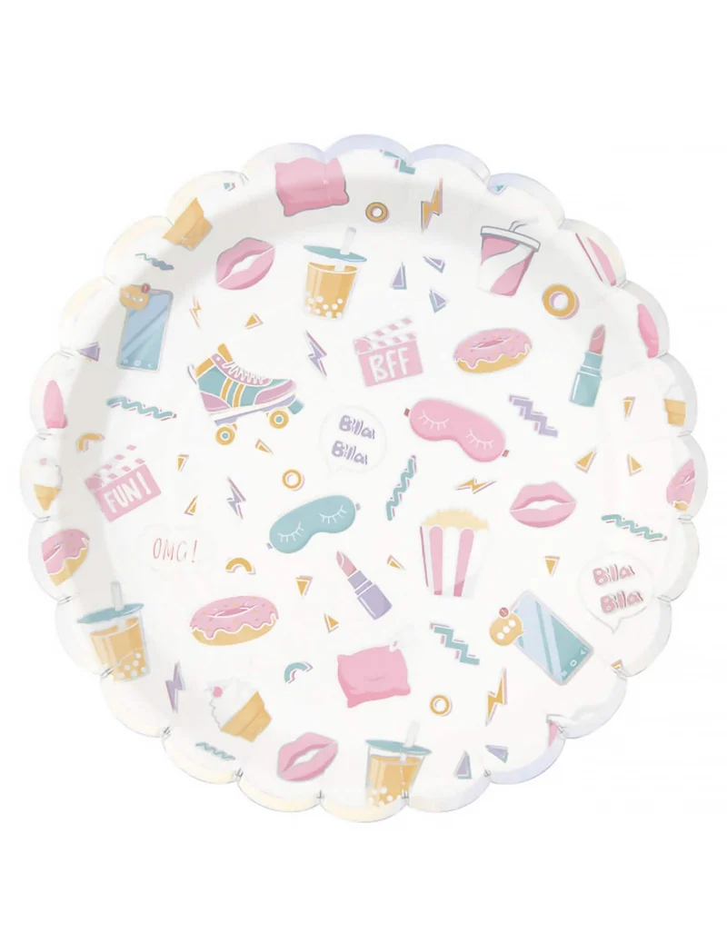 8 gewellte Pyjamaparty-Pappteller 23 cm mit schillernden Motiven