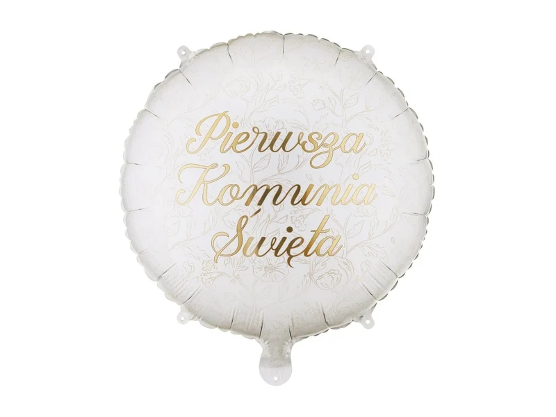 Gold-weißer Folienballon mit Blumenmuster „Pierwsza Komunia Święta“ (leer), 35 cm