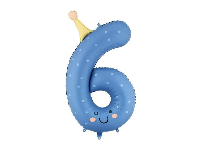 6 Jahre Zahlenballon, blau, mit Hut, leer, 86 cm