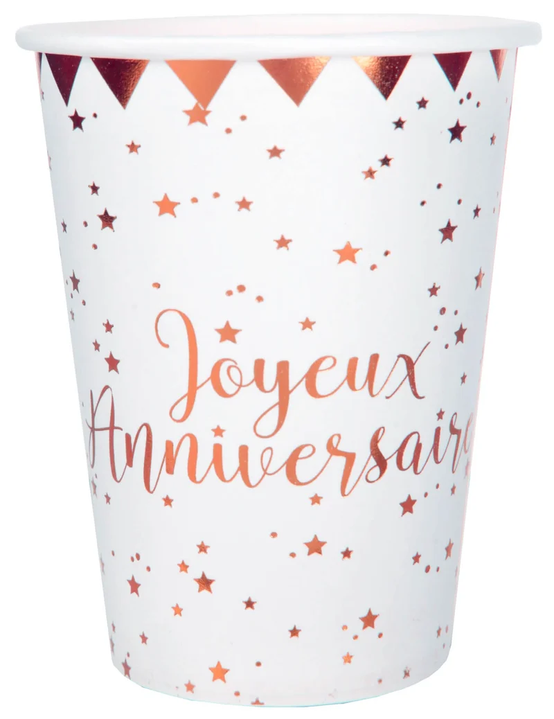 10 Pappbecher Happy Birthday Roségold mit Sternen