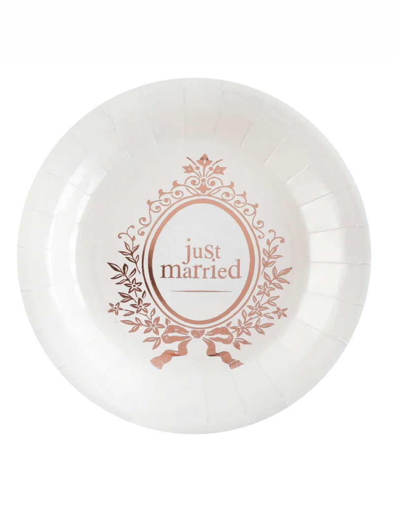 10 weiße und roségoldene Pappteller "Just Married" 23 cm für eine schicke Hochzeit