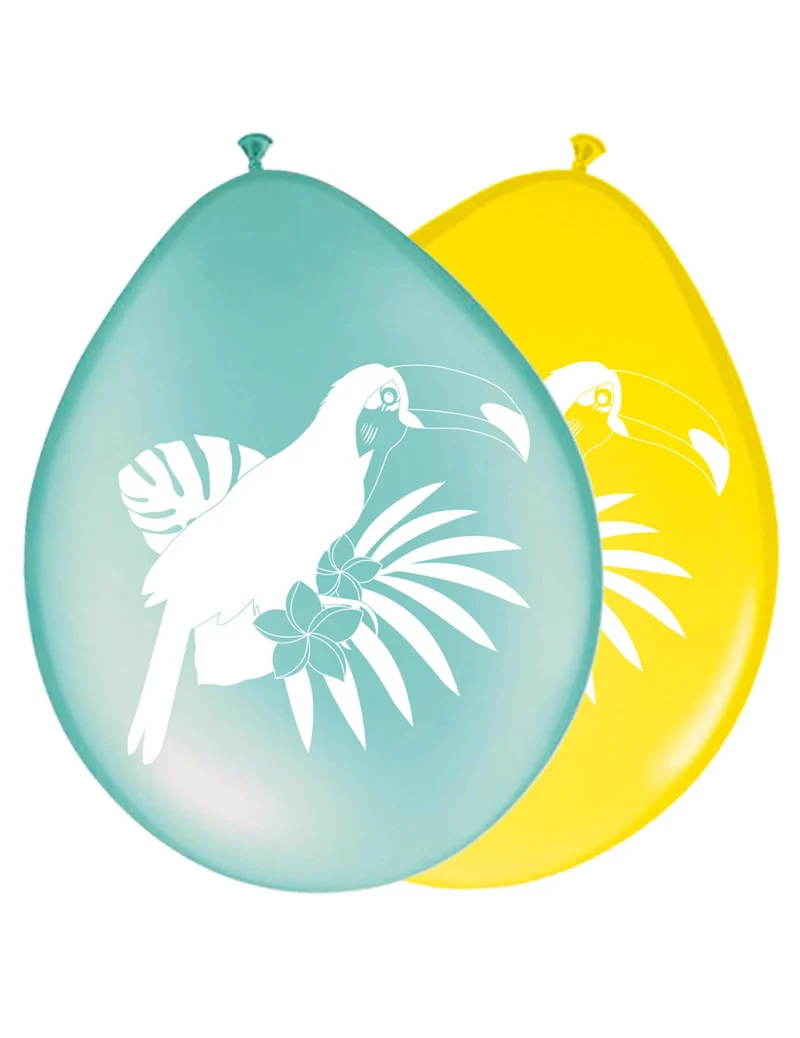 8 gelbe und blaue Tukan-Latexballons 30 cm für tropische Dekoration