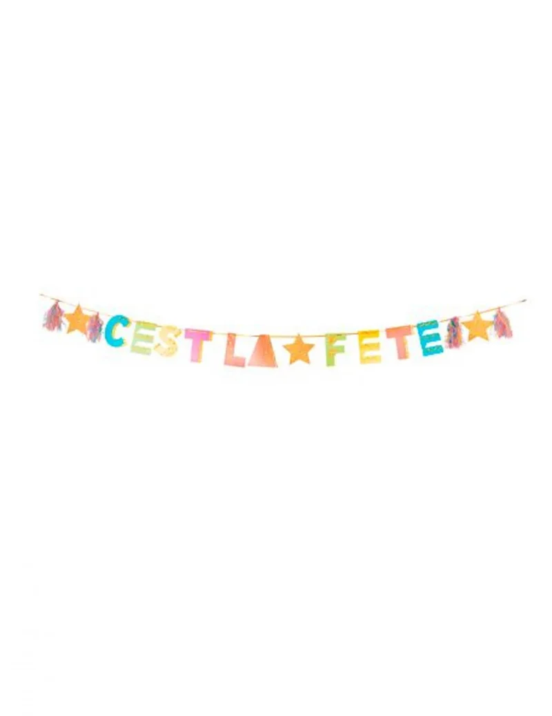 Girlande aus Pappe "Es ist Partyzeit" mehrfarbig mit goldenen Pailletten 15 cm x 3 m für Geburtstag