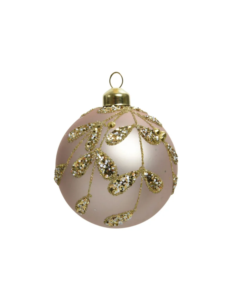 3 rosa-pudrige Weihnachtsglaskugeln mit goldenen Blättern 8 cm mit Glitzer