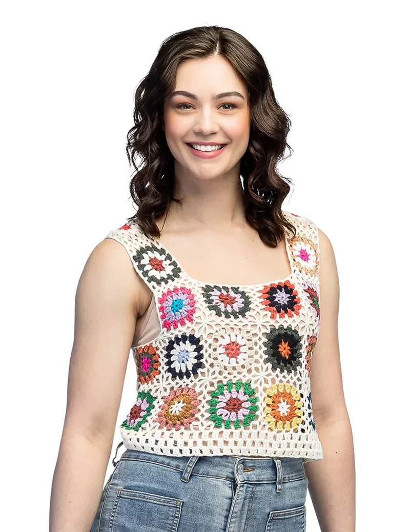 Hippie Häkel-Oberteil mit Blumenmuster für Erwachsene