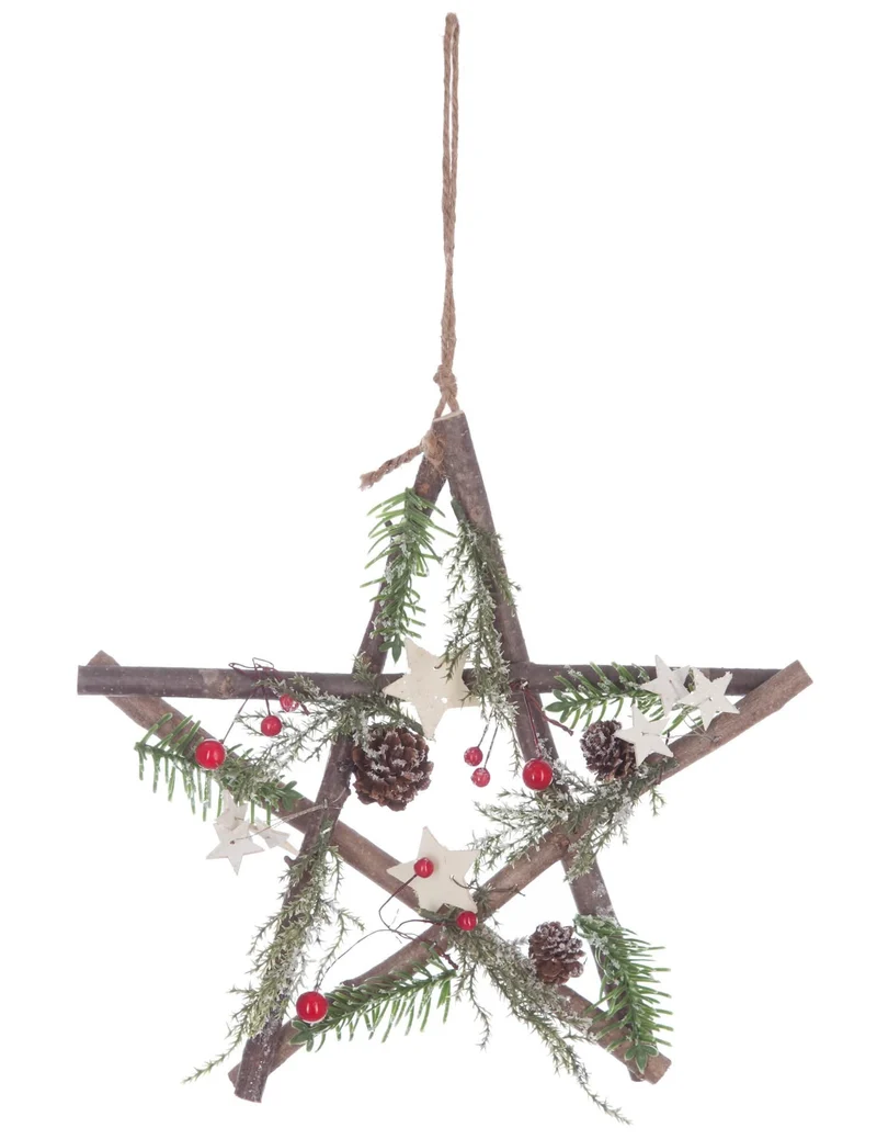Sternförmiger Holz-Anhänger mit Kiefernzapfen und Beeren 28 cm Weihnachtsdekoration