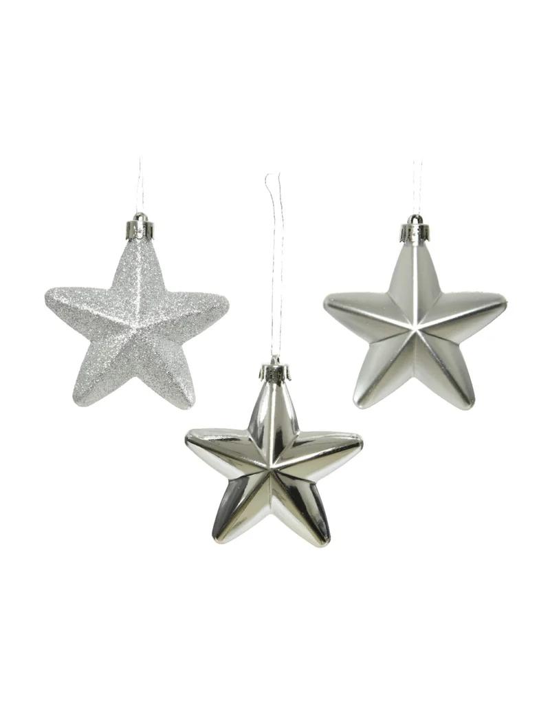 6 silberne Weihnachtsbaum-Anhänger Sterne 7,5 cm glänzend und matt