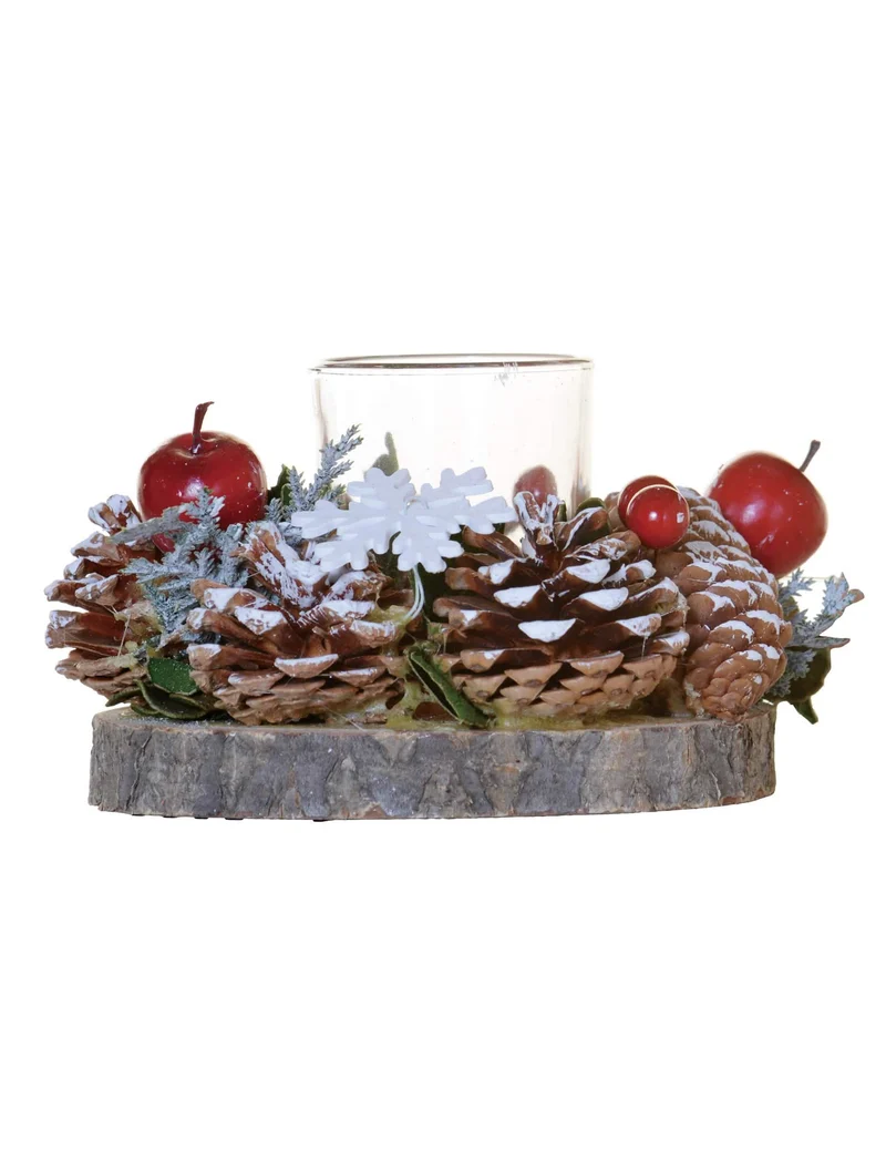 Teelichthalter Tannenzapfen Waldbeeren 15 cm auf Holzscheibe