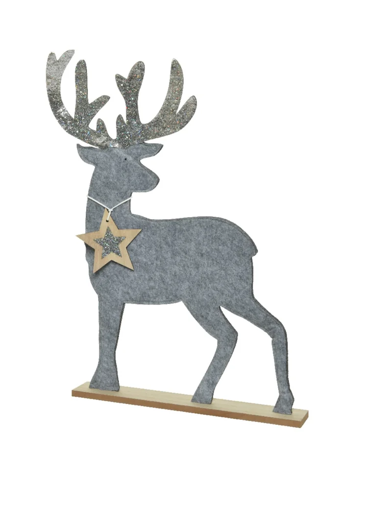 Hirsch-Dekoration mit silbernen Pailletten, 40 cm, auf Holzsockel