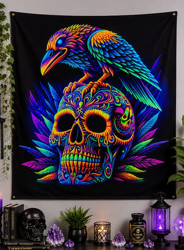 UV Totenkopf mit Rabe Hintergrundbild 185x200cm waschbar