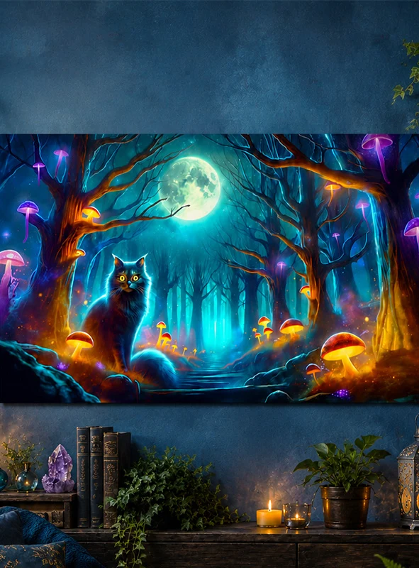 Fantasy Wald mit Katze 150x240cm Fotohintergrund waschbar