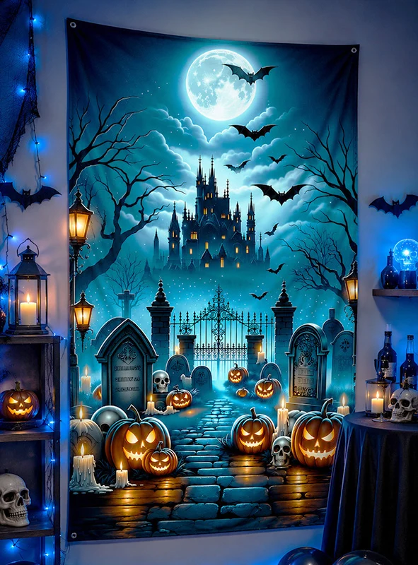 Halloween Schloss und Friedhof 120x185cm Fotowand waschbar