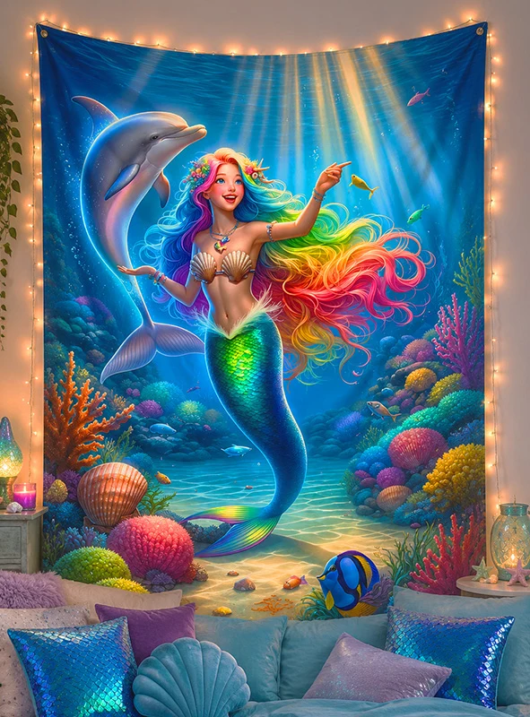 Meerjungfrau mit Delfin 120x185cm Wandbild waschbar