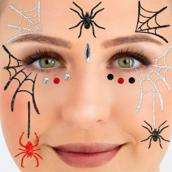 Spinnennetz-Gesichtssticker Schwarz Rot Glitzer