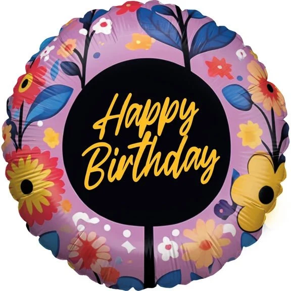 „Happy Birthday“-Heliumballon, lila, mit Blumenmuster, leer, 45 cm