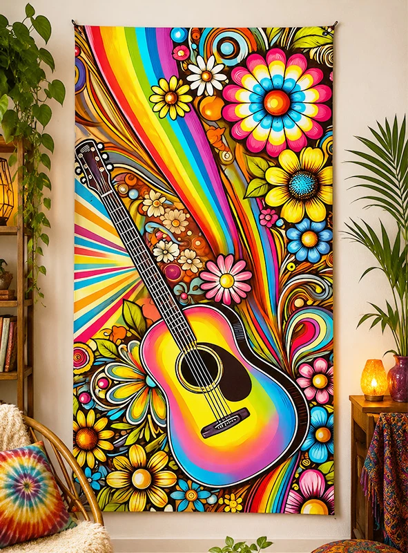 70er Hippie Gitarre 100x185cm Hintergrund Deko waschbar