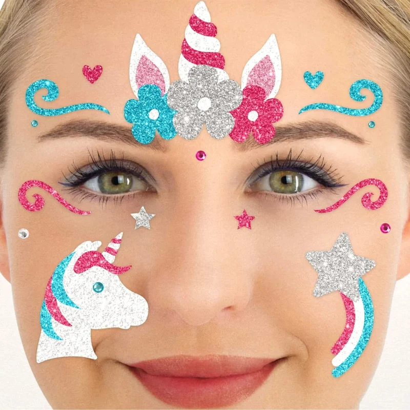 Bunte Fake-Tattoos für das Gesicht mit Glitzer – Einhorn