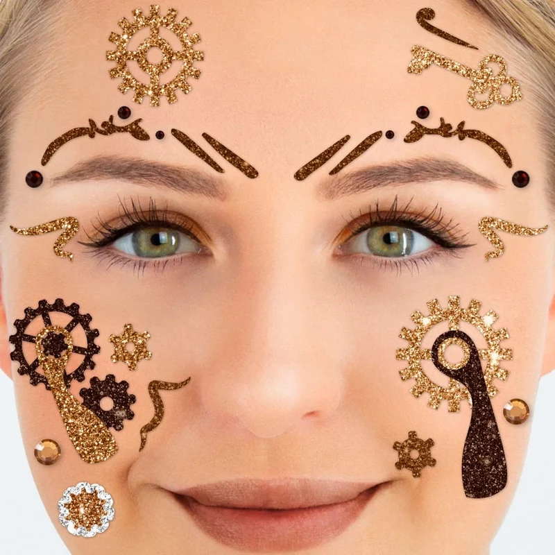 Braune Fake-Tattoos für das Gesicht, Glitzer, Steampunk, Messing