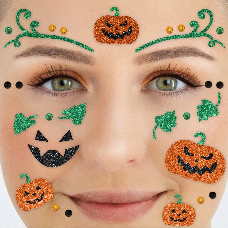 Grün-Orange-Tattoo-Aufkleber für das Gesicht mit Glitzer und Kürbis