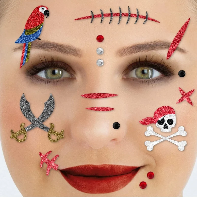 Rote Fake-Tattoos für das Gesicht – Glitzer-Pirat