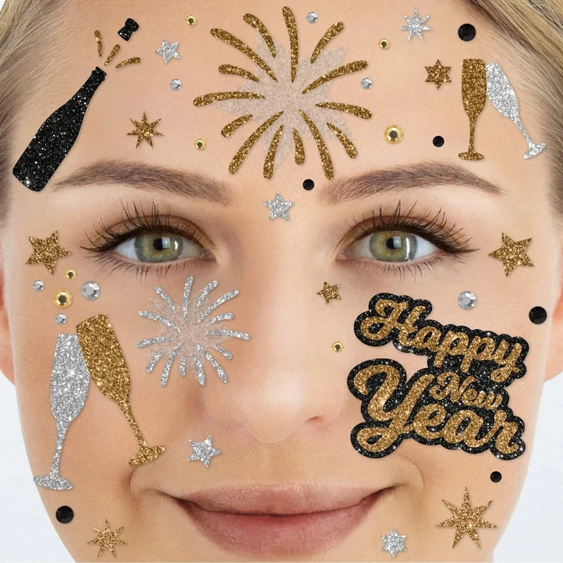 Gold- und Silber-Tattoo-Sticker für das Gesicht mit Glitzer – Frohes Neues Jahr
