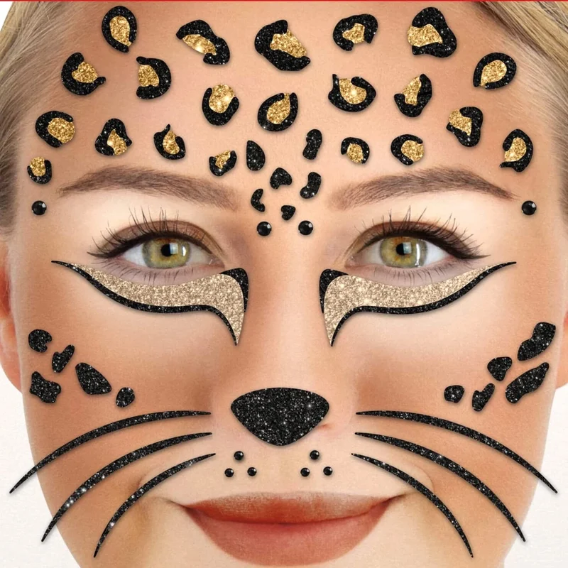 Braun-schwarze Fake-Tattoos für das Gesicht – Glitzer-Panther