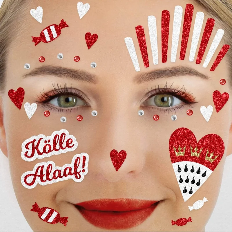 Rote und weiße Fake-Tattoos fürs Gesicht, Glitzer, Kölle, Alaaf