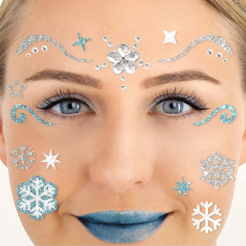 Blaue, silberne Tattoos zum Aufkleben für das Gesicht mit Glitzer – Eisprinzessin