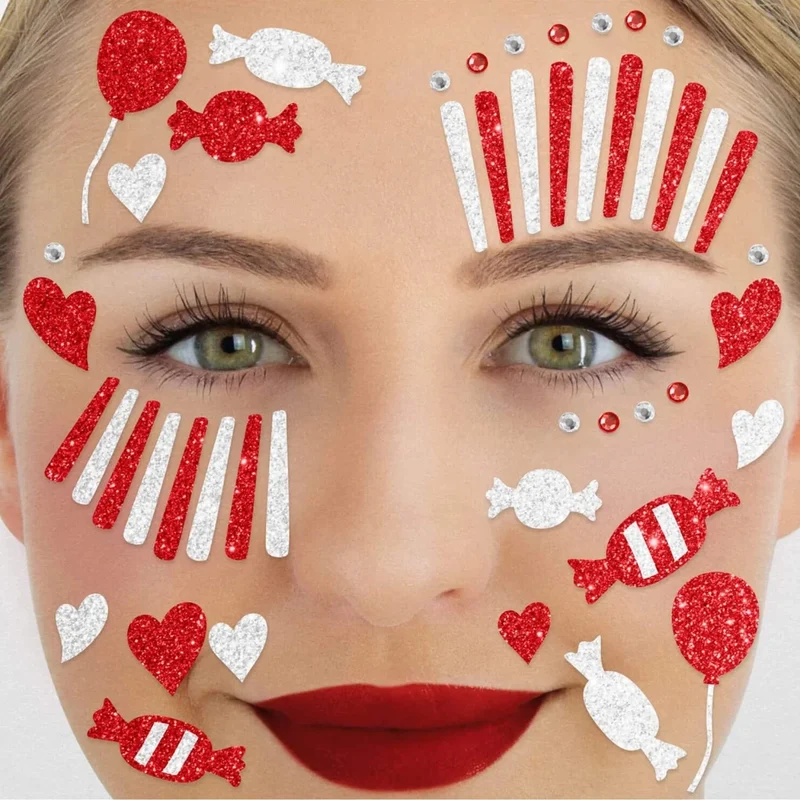 Rote und weiße Fake-Tattoos für das Gesicht – Glitzer-Clown