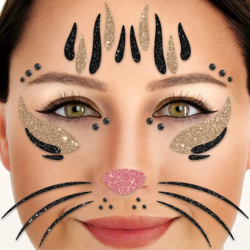 Gold-schwarze Fake-Tattoos für das Gesicht mit Glitzer – Katze