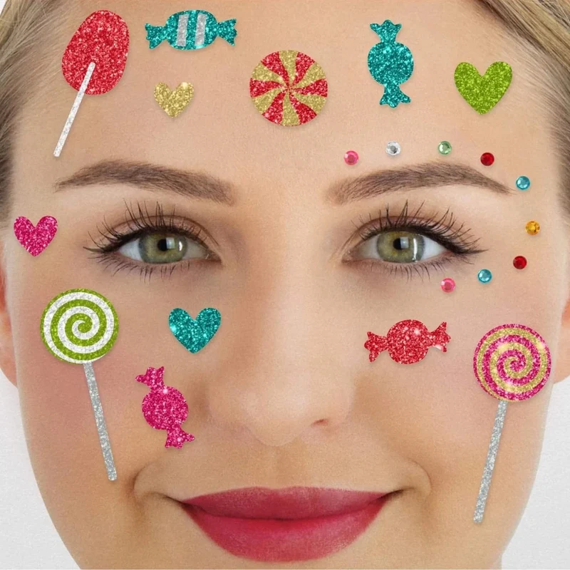Bunte Fake-Tattoos für das Gesicht, Glitzer-Bonbons zum 21. Geburtstag