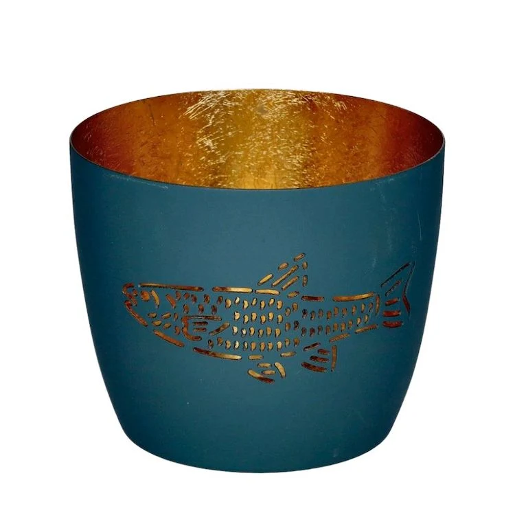 Windlicht Madras Fisch blau-goldfarben mittel