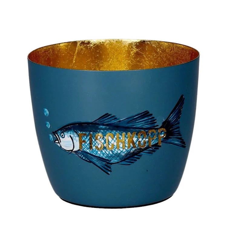 Windlicht Madras Fischkopp blau-goldfarben mittel