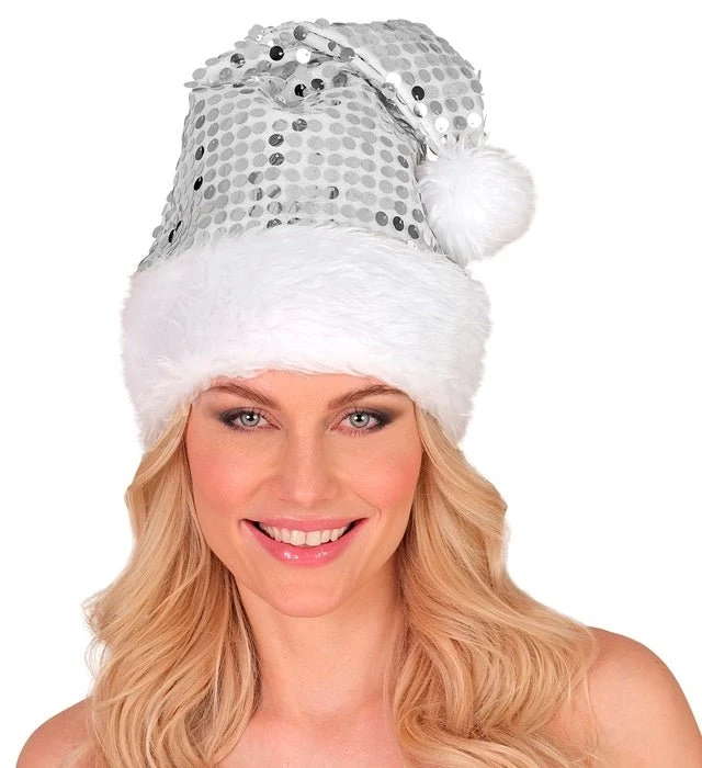 WEIHNACHTSMANNMÜTZE PLÜSCH UND PAILLETTEN SILBER
