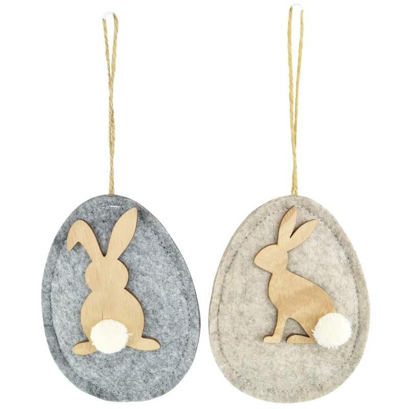 2er Set Osteranhänger Filzei mit Hase Grau Beige