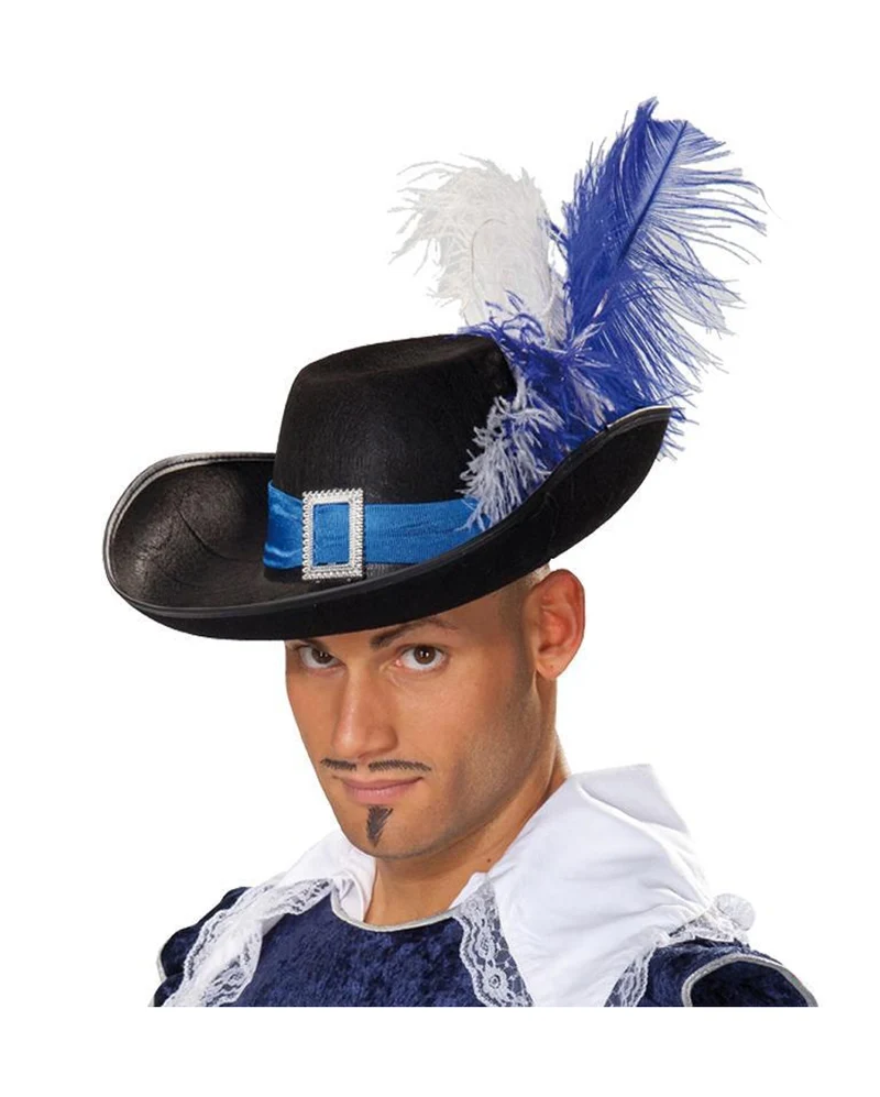 Edler Musketier Hut mit Federn blau-weiß