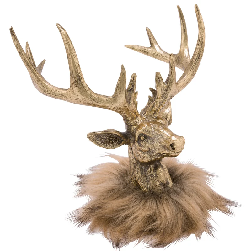 Hirschkopf Gold mit braunem Fellkragen 21 cm