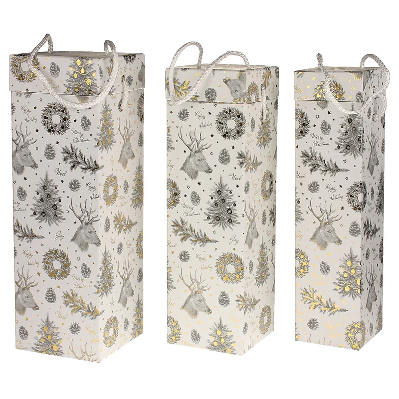 Flaschenbox Kartonage 3-set, foliert mit Kordel + Geschenkanhänger